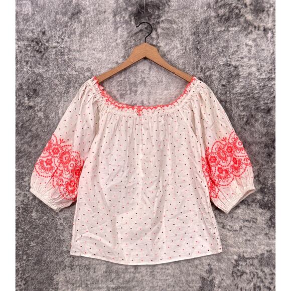 New Sezane Top 38 / US Medium Women Polka Dot Embroidered Linen Off The Shoulder - Picture 1 of 8